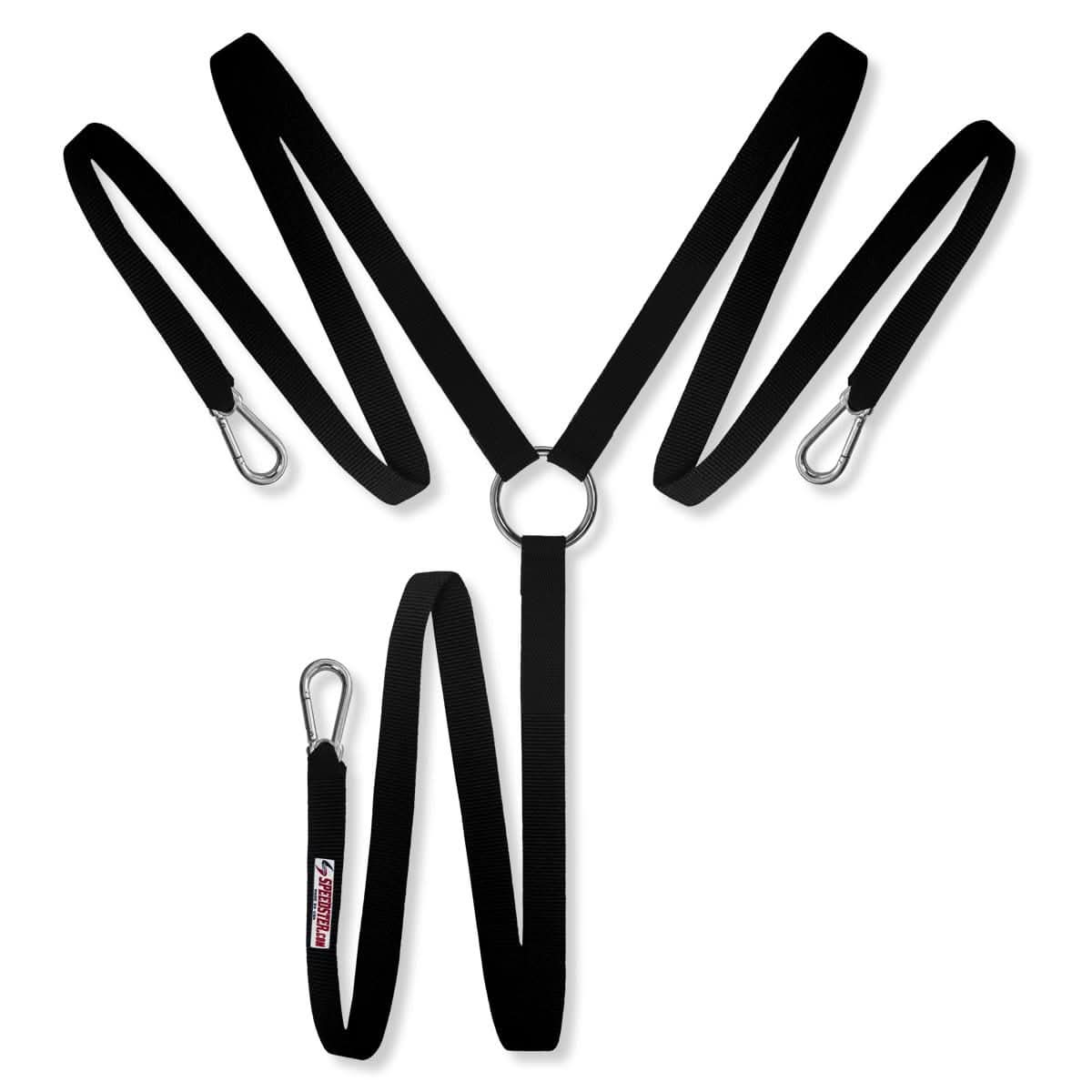 Y shaped twoline with 3 points of clips for pulling tires and sleds on or off the field for football, baseball, soccer, rugby, track and more.