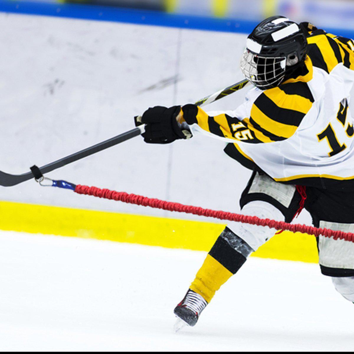 Hockey slap shop trainer. This resistance band increases speed and velocity of a hockey players slap and stick swing. Also used for accuracy for better aim and contact with puck. Used on ice for best result to increase swing while on skates but can be used off the ice as well. 